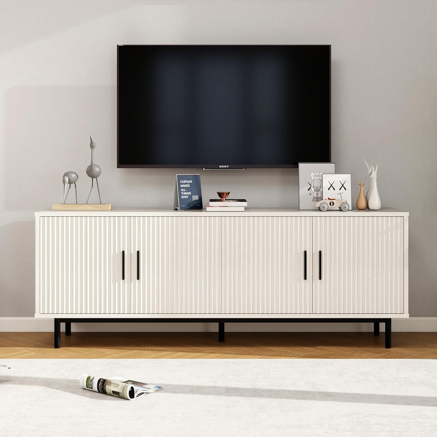 MUUEGM 70" Modern TV Stand for Televisions up to 80 Inch, Entertainment Center with Storage, Cabinet with Fluted Door and Adjustable Shelf, Console Table and Media Furniture for Living Room, White