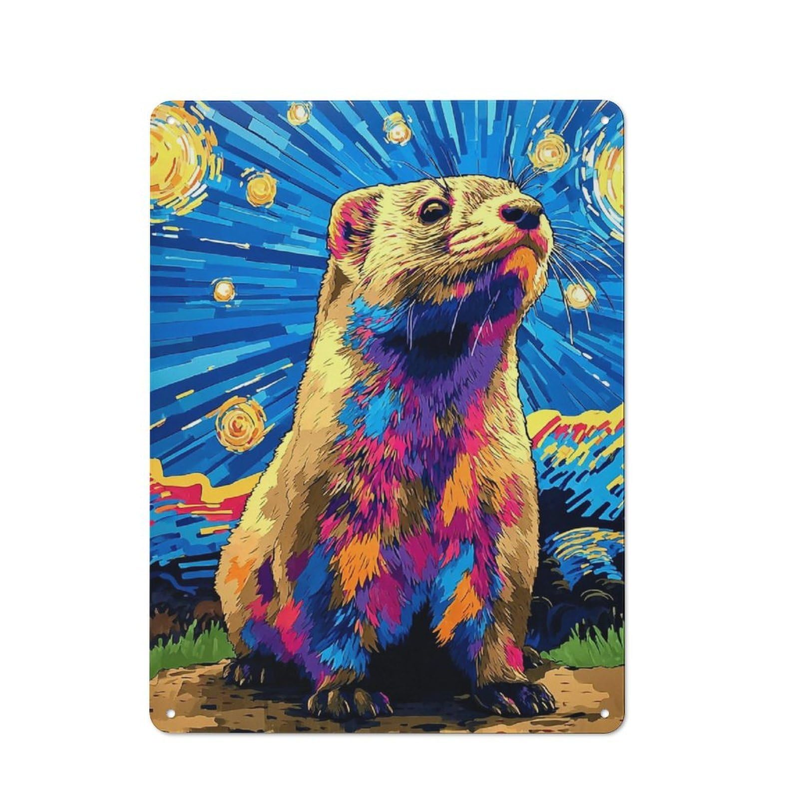 Junmoney Colorful Ferret In Starry Night Retro Tin Wall Plaque 40X30cm For Garage Or Workshop, A Metal Wall Feature For Garages And Tool Rooms