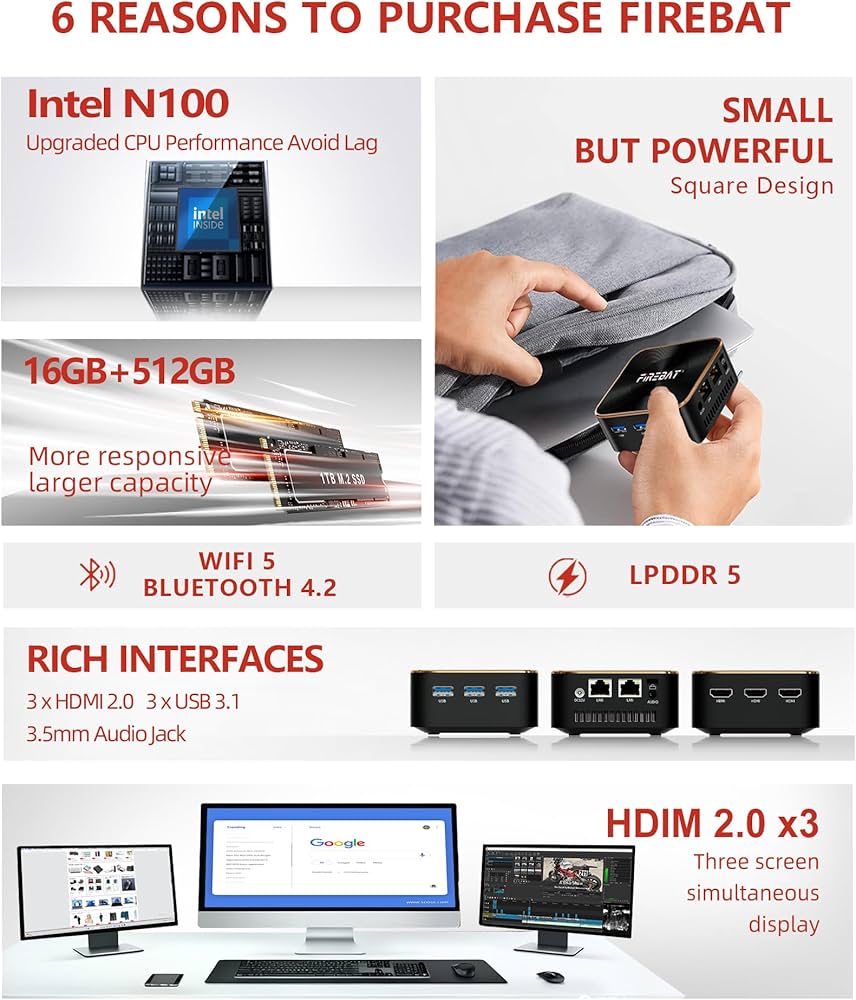 Firebat ミニPC N100 RAM 16GB SSD 512GB FIREBAT Mini PC N100, 512GB M.2 SSD SATA 16GB LPDDR5 4800MHz