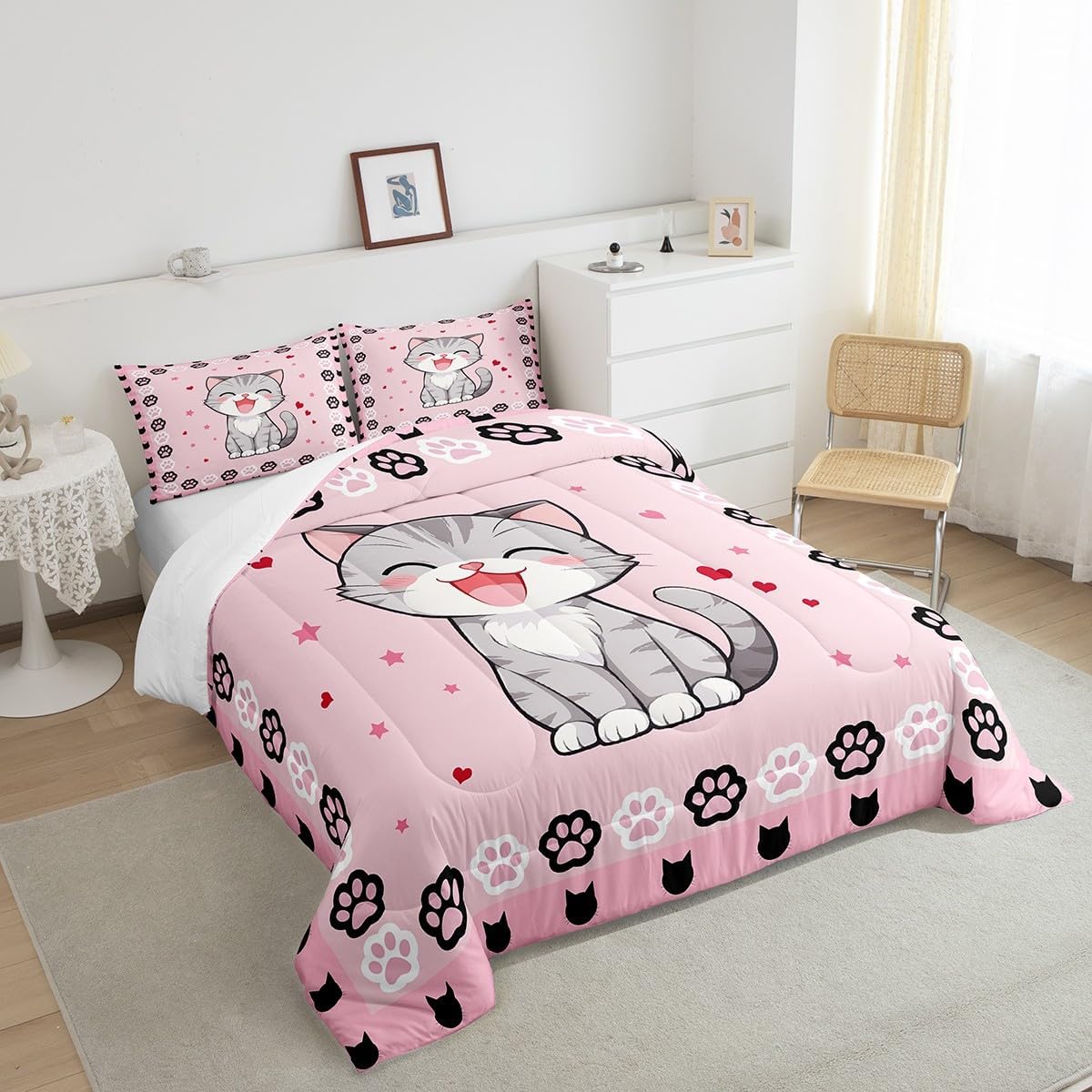 Manfei Lovely Cat Bedding Comforter Sets Toddler,Pink Black Cat Paw Footprint Bedding Set for Bedroom Decoration,Cute Animals Pink Print with 1 Comforter and 1 Pillow Case Bedroom Decor