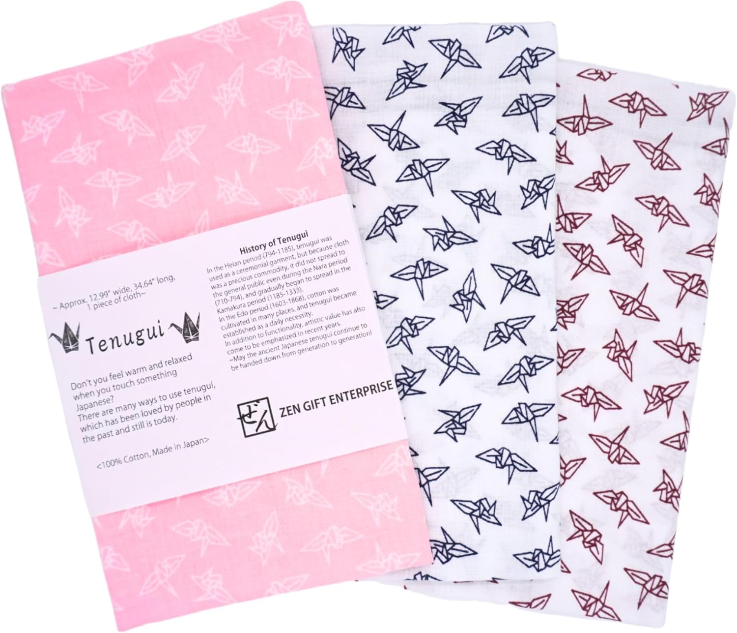 Tenugui Traditional Towel Made in Japan Fray Prevention 100% Cotton Eco Friendly Kitchen Towels Gift Wrapping Orizuru Pattern Set of 3 12.99"x34.64"