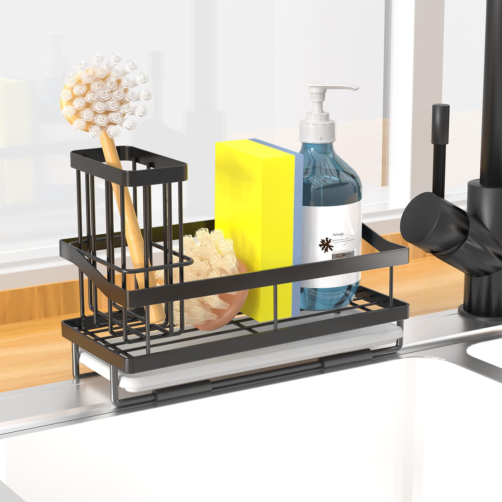 Fssvcd Maifan Sponge Holder for Kitchen Sink, Kitchen Sink Caddy Organizer with Detachable Brush Holder, Stainless Steel Dish Soap Caddy Rustproof Sink Holder for Countertop Storage