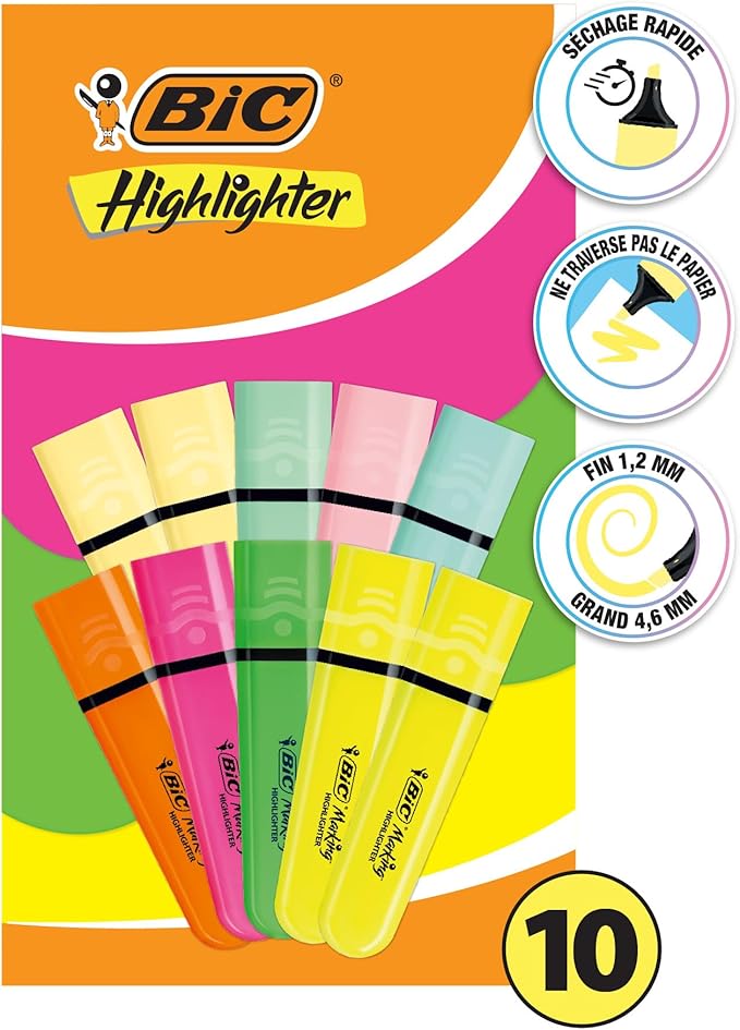 🔥 BIC Marking Surligneurs à pointe biseautée et Longue Durée pour Usage Scolaire et Professionnel (1.2 mm-4.6 mm) – Couleurs Assorties Néon et Pastel, Boîte de 10 à 8.91€ (-17%)