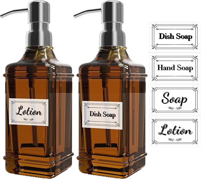ACCL Glass Soap Bottle with Stainless Steel Pump, 12 Oz Versatile Refillable Liquid Hand Jar Dispenser for Bathroom, Countertop, Kitchen, Laundry Room with 8 Waterproof Labels, Brown