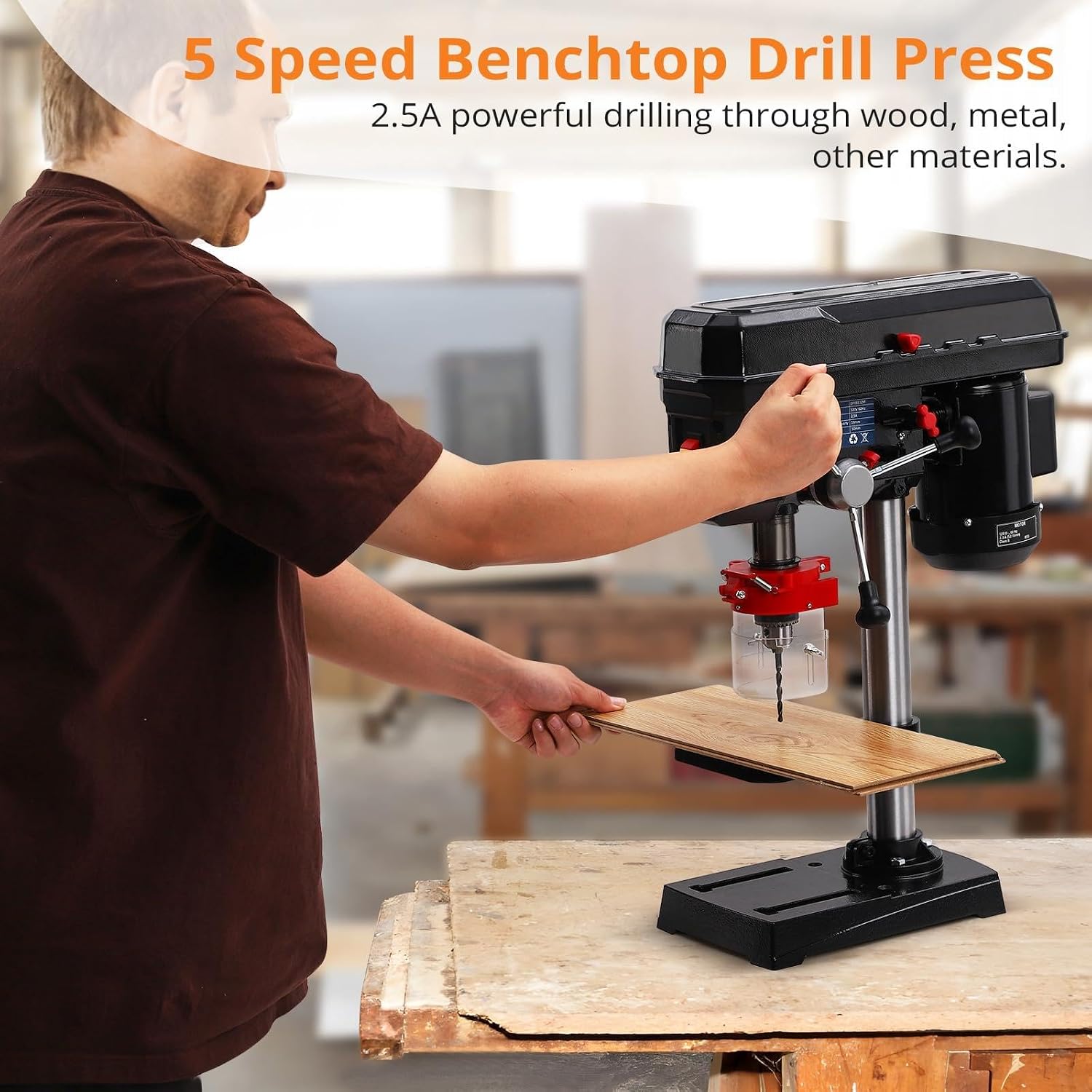 TROPOW 8 Inch Benchtop Drill Press, 5 Speed Adjustable, 2.5Amp, Tilting Swing Distance 0-45, User-Friendly Controls, Drilling Machine for Wood & Metal