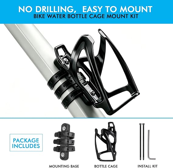 Bike Water Bottle Holder with Cage Mounting Base - No Screw Needed | 3 Belts Extra Grip, Easy to install in various positions on most MTB Road Mountain Bicycle eBikes
