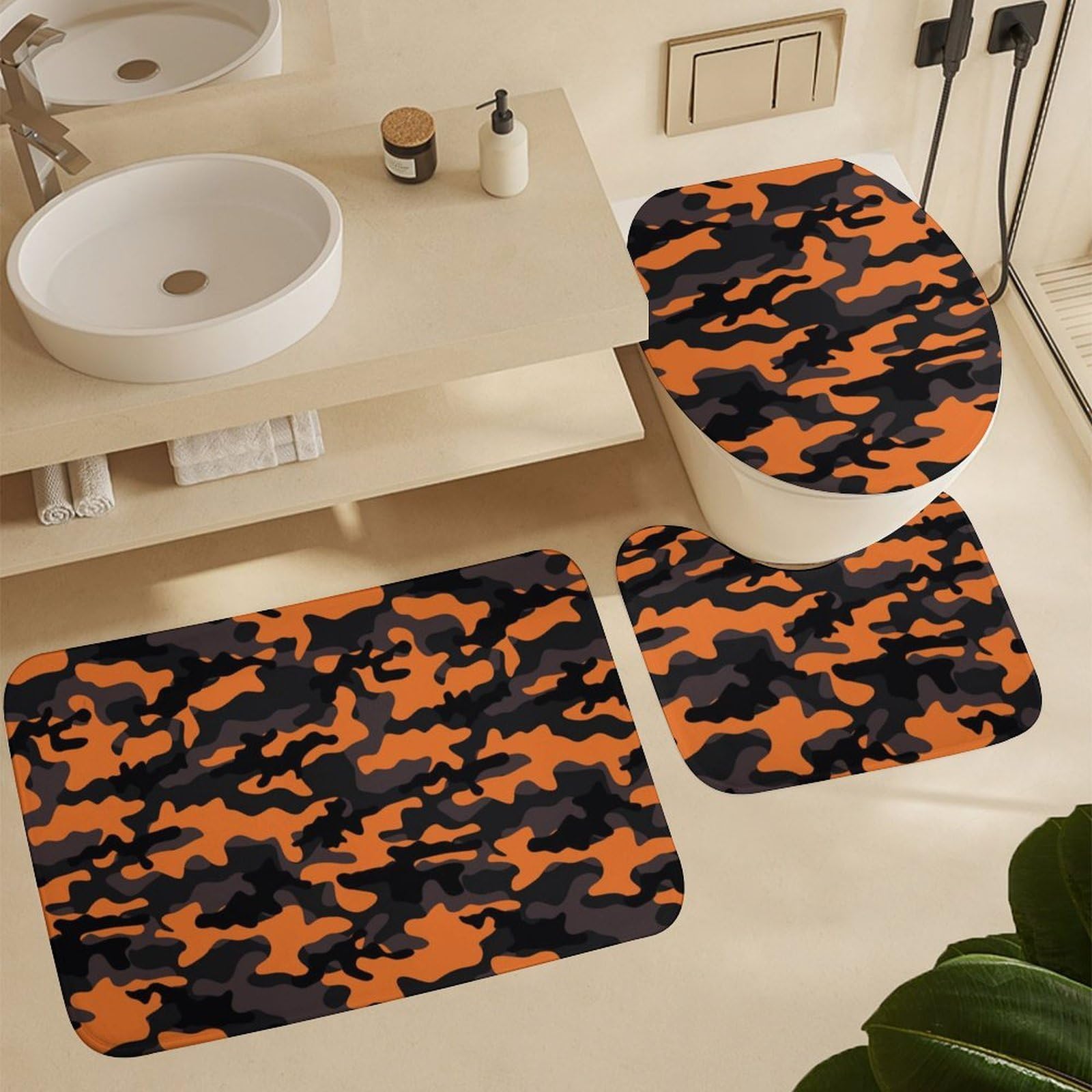 Ensemble de 4 pièces de salle de bain avec rideau de douche et tapis – Tapis de salle de bain tendance et moderne à imprimé camouflage orange noir – Accessoires de décoration pour forme de U et tapis