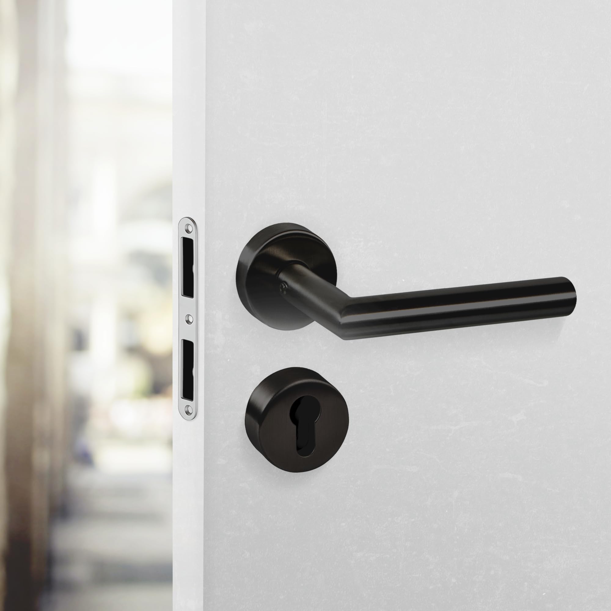 Gedotec Set di maniglie a leva nero opaco [Set di maniglie a leva Maniglia/pomello] 1x ferramenta per porte con rosetta rotonda I Maniglie per porte interne L-FORM I Maniglia per porte con spessore
