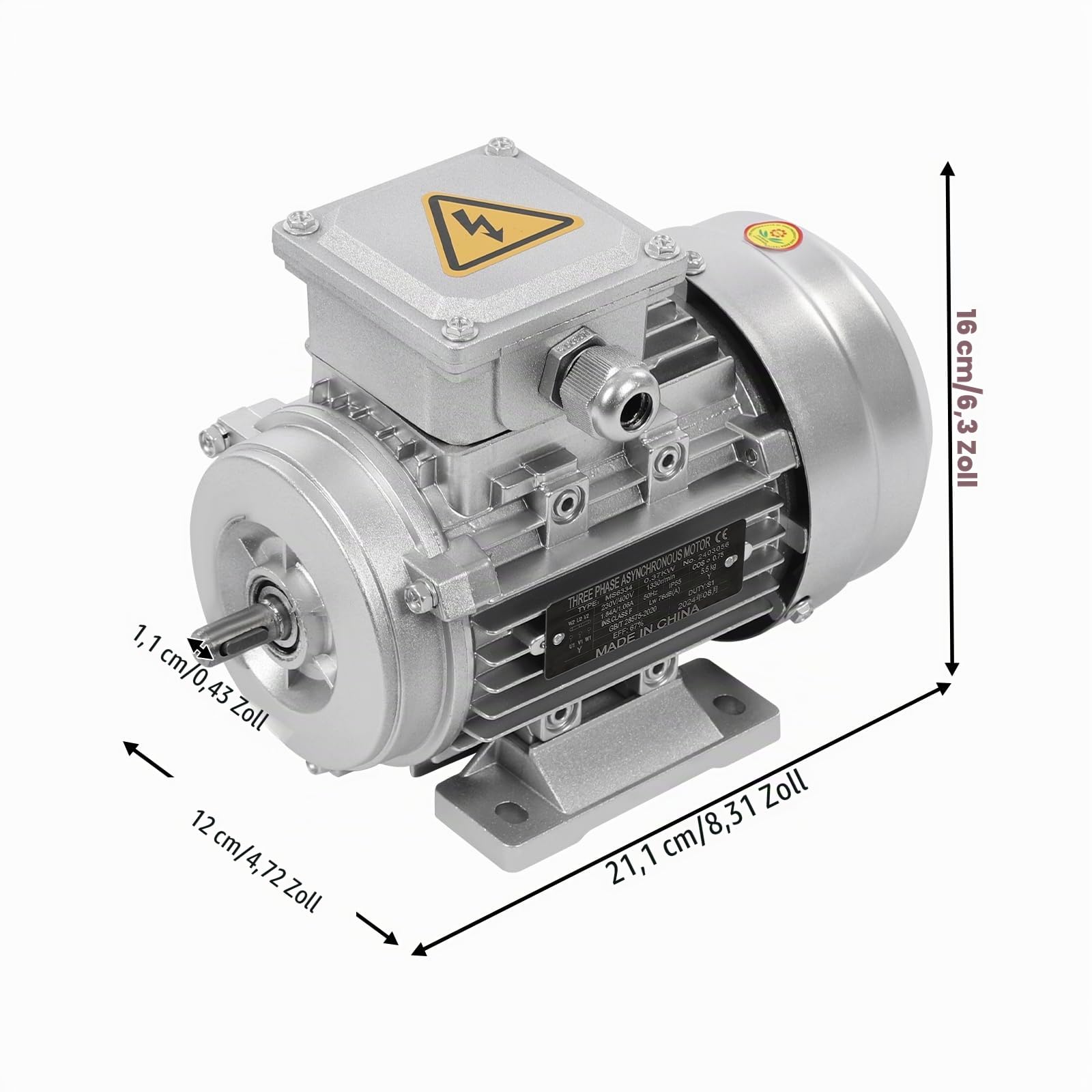 230/400V 370W Elektromotor MS6334 Drehstrom-Asynchronmotor, 1330 RPM Elektro Dreiphasen-Motor Schutzklasse IP55, 3-phas Elektromotor Drehstrommotor S1 B3 Wellendurchmesser 11mm