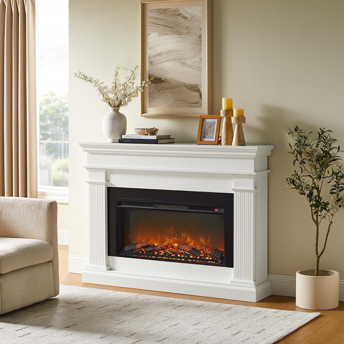 Pemberly Row 58.5" Freestanding Electric Fireplace with Wood Mantel, Realistic Flame and Log Display, Replaceable Heater Insert, Remote Control, and Built-in Timer for Living Rooms or Bedrooms