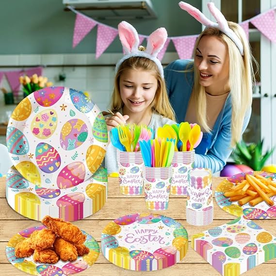 140Pcs Easter Party Supplies Easter Eggs Plates and Napkins Happy Easter Party Decorations Tableware Set Birthday Party Picnic Disposable Paper Plates, Serve 20 Guest