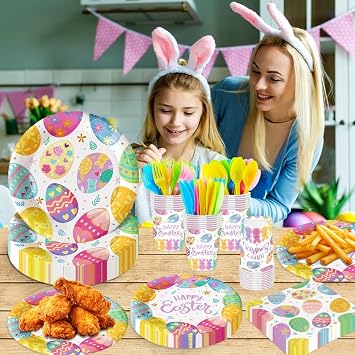 140Pcs Easter Party Supplies Easter Eggs Plates and Napkins Happy Easter Party Decorations Tableware Set Birthday Party Picnic Disposable Paper Plates, Serve 20 Guest