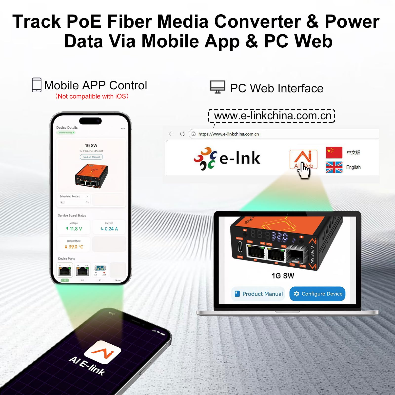 Convertisseur de média en fibre PoE 30 W géré intelligemment visualisé, 10/100/1000 Mbps, 2 × PoE RJ45 1 × SFP, écran LED, DIP VLAN, contrôle APP/Web, alarme DDM, pour autoroute, transport ferroviaire