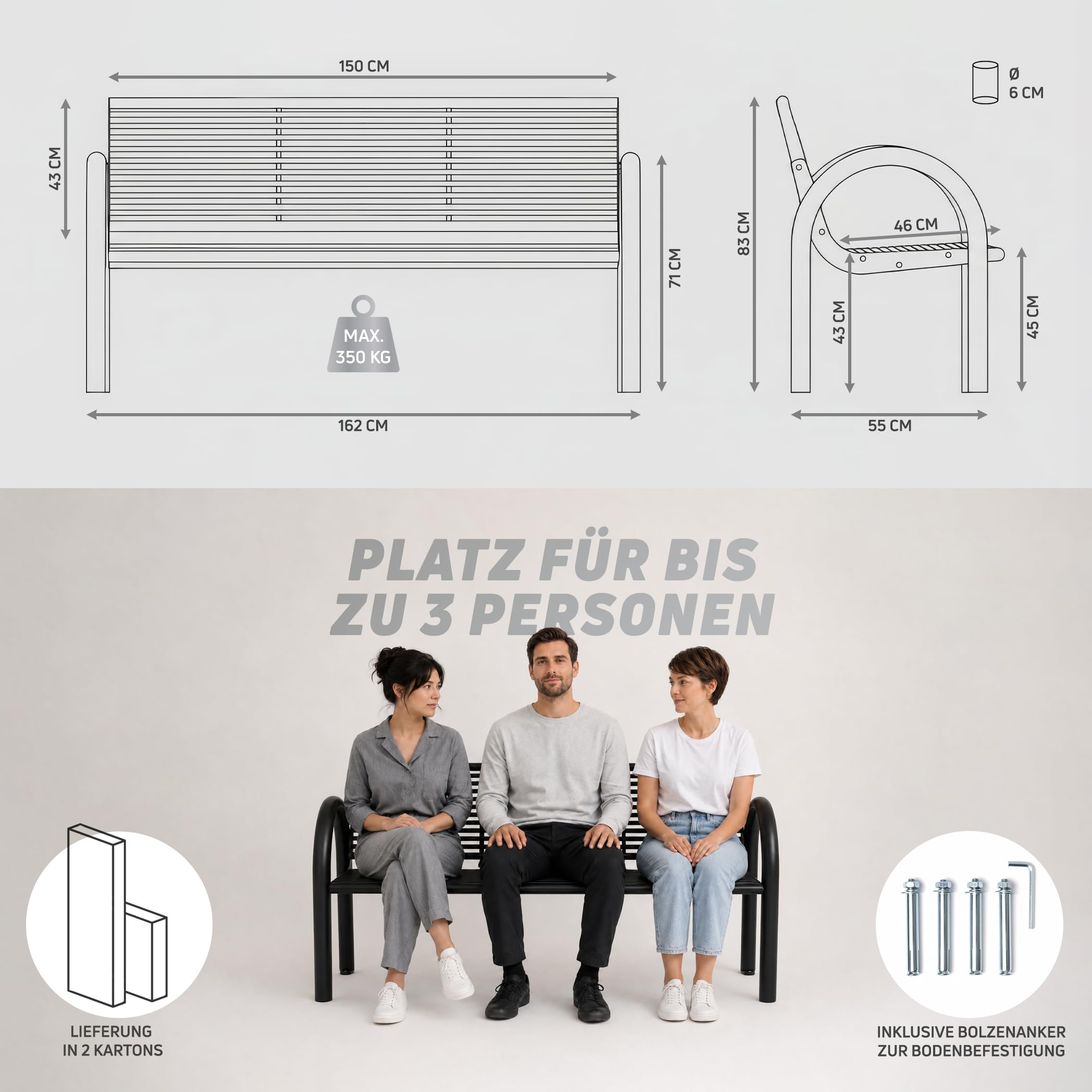 MATERIUM® Gartenbank Metall Schwarz - extra stabile Bank aus Metall mit 150 cm Sitzbreite, wetterfest & widerstandsfähig - hochwertige Sitzbank aus Stahl mit edler Pulverbeschichtung (Schwarz Matt)