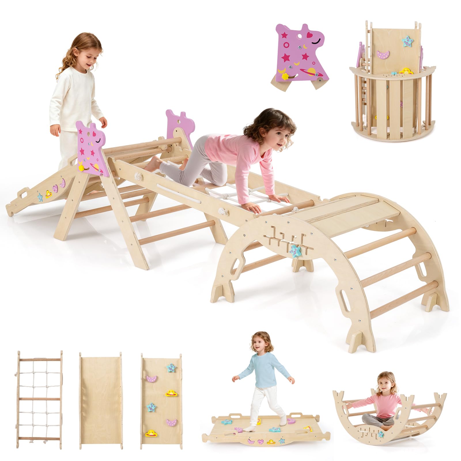 GYMAX 8 in 1 Kids Climbing Set, Wooden Toddler Climber with Arch, Climbing Rope and Reversible Ramp, Indoor Climbing Frame for 3 Years Old + (Natural, Unicorn-Themed: 281 x 53 x 60 cm)