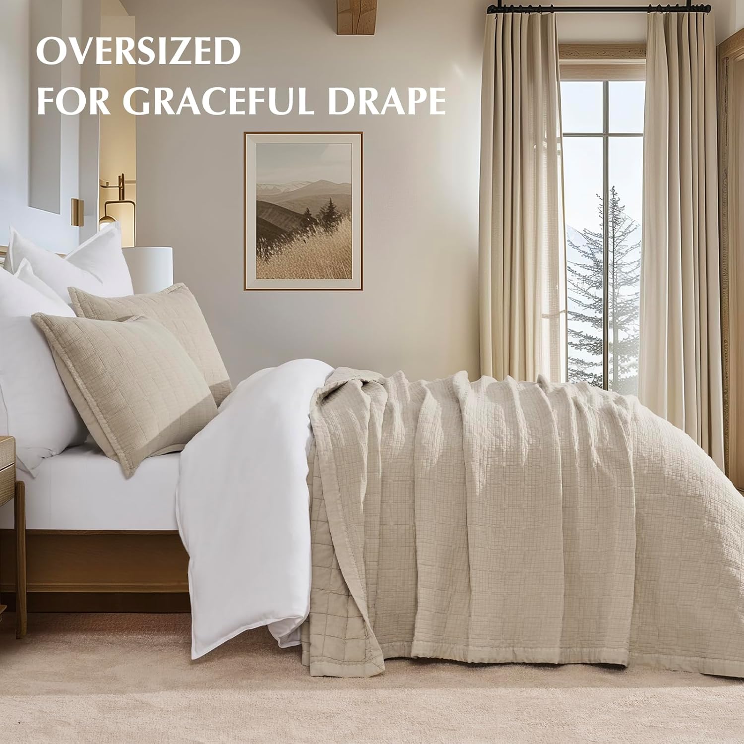 EVERGRACEHOME Stonewashed Cotton Quilt Set King Size, Ultra Soft Oversized Bedspread Coverlet Set, Lightweight Crinkle Box Stitch Bedding Sets for All Season, with 2 Shams, Flax Beige - Image 3