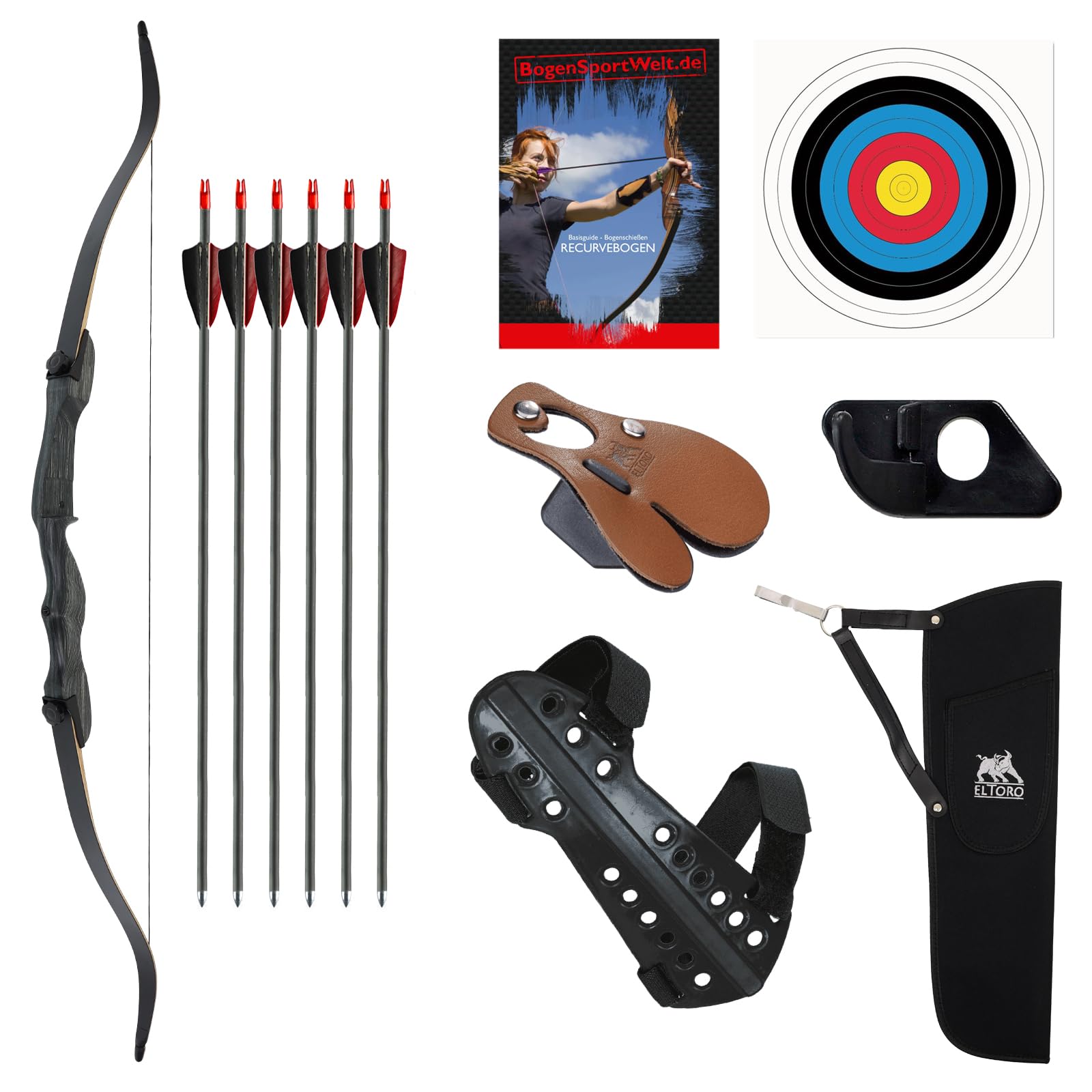 Bogen Set 68 Zoll Recurvebogen Drake Greyhound Einstiegsbogen 20-34lbs wählbar mit Zubehör Set, Armschutz, Pfeile, Köcher, Ziel
