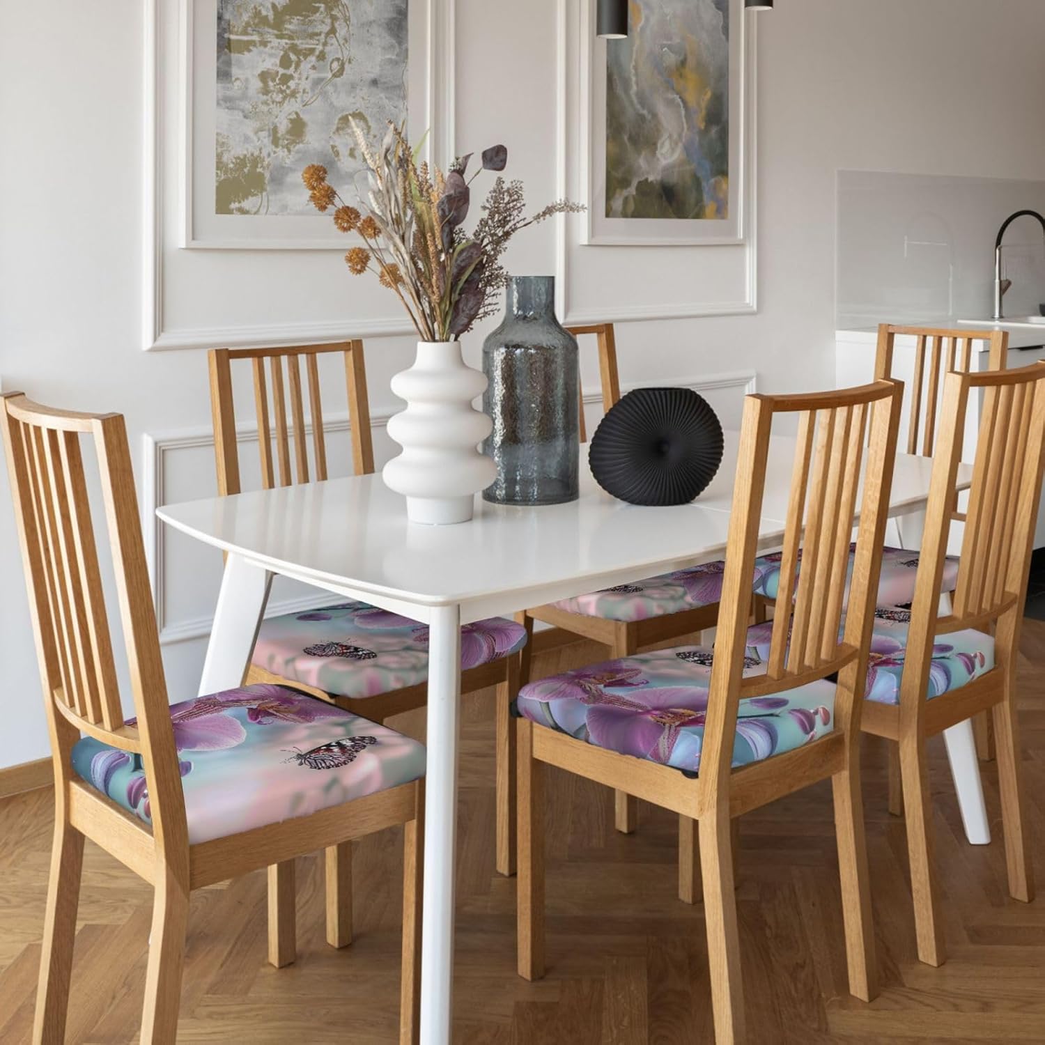Orchid Flower Butterfly Soft Fresh Spring Print Square Cushion Covers 6 Pcs Set Elastic Non-Slip Seat Cushion Slipcovers Pet Furniture Protectors for Chair, Sofa