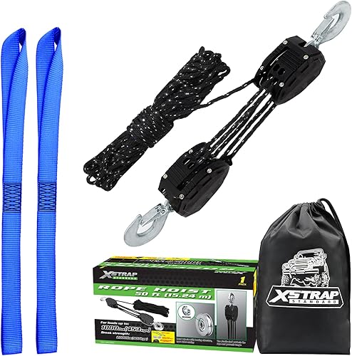Miniatura 31 de XSTRAP - Polipasto para cuerda de 50 pies, 2,000 libras de resistencia a la rotura, para trabajos pesados Negro de 65 pies con eslinga de elevación