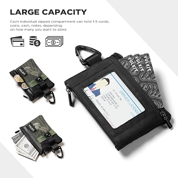 VULKIT Minimalist Small Wallet with ID Window, RFID Blocking Card Holder Water Resistant Zip ID Card Case with Lanyard Keychain for Cards,Cash,Key, Coin
