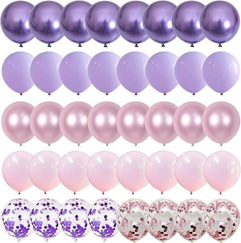 Vista 7 de Globos de color rosa pastel y morado, globos de confeti rosa claro de 12 pulgadas con globos de látex lila metálico para niñas y mujeres, mariposa