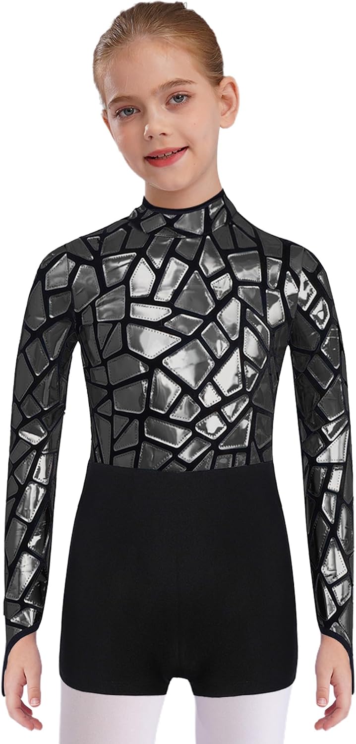 Kids Girls Metallic Gymnastics Leotard Dance Biketard Long Sleeve Unitard for Performance Competition