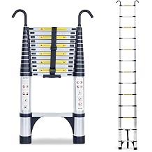 Telescoping Ladder, 12.5 FT Extension Ladder, 330LBS Heavy Duty, Multi-Purpose Collapsible Ladder for RV or Outdoor Work with Removable Hooks & Triangle Support