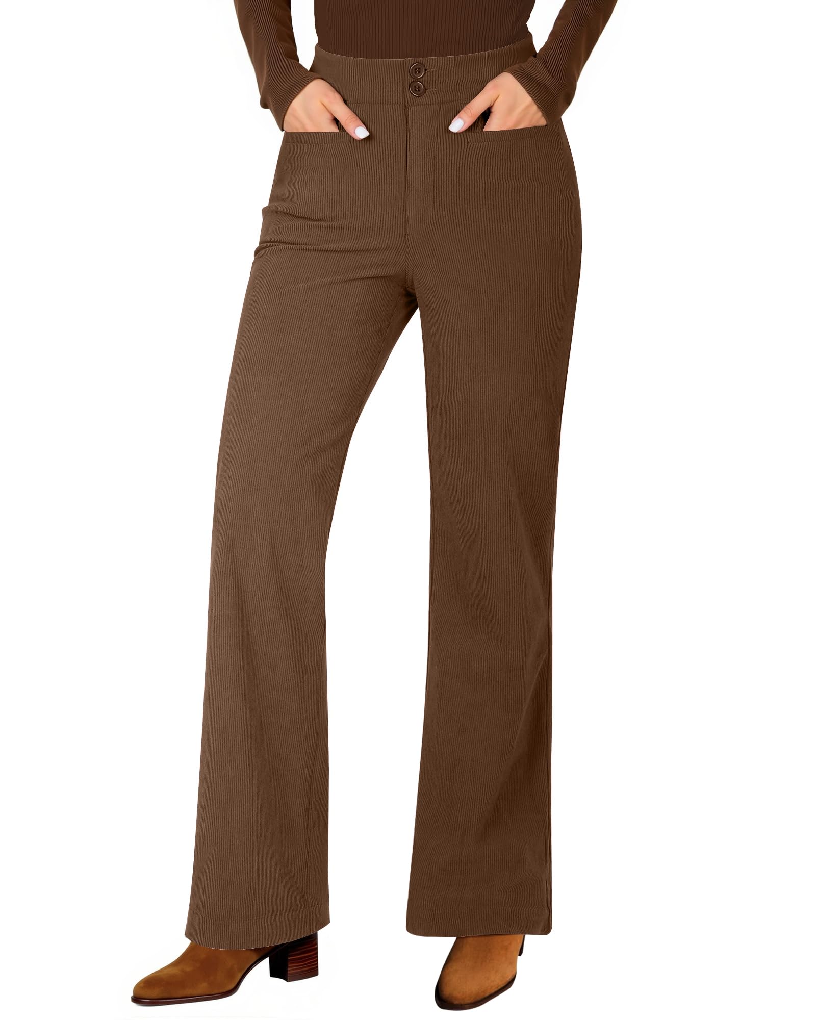 GRAPENT Corduroy Wide Leg Pants Woman High Waisted Trendy Fall Work Casual Elastic Waist Duo Button Welt Pocket