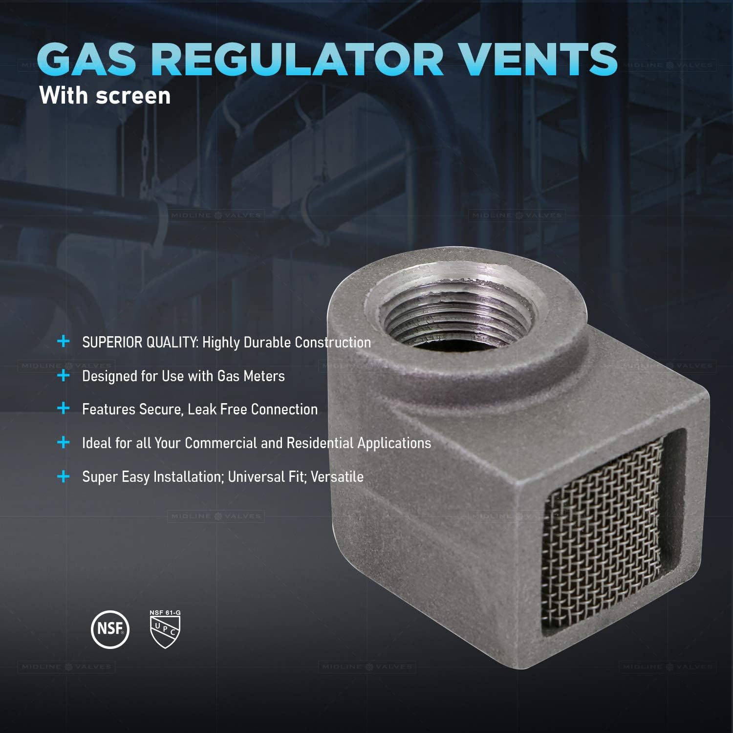 Midline Valve HHSW1000-5 Gas Regulator Vent with Screen 1’’ Connections (5 Pack), White