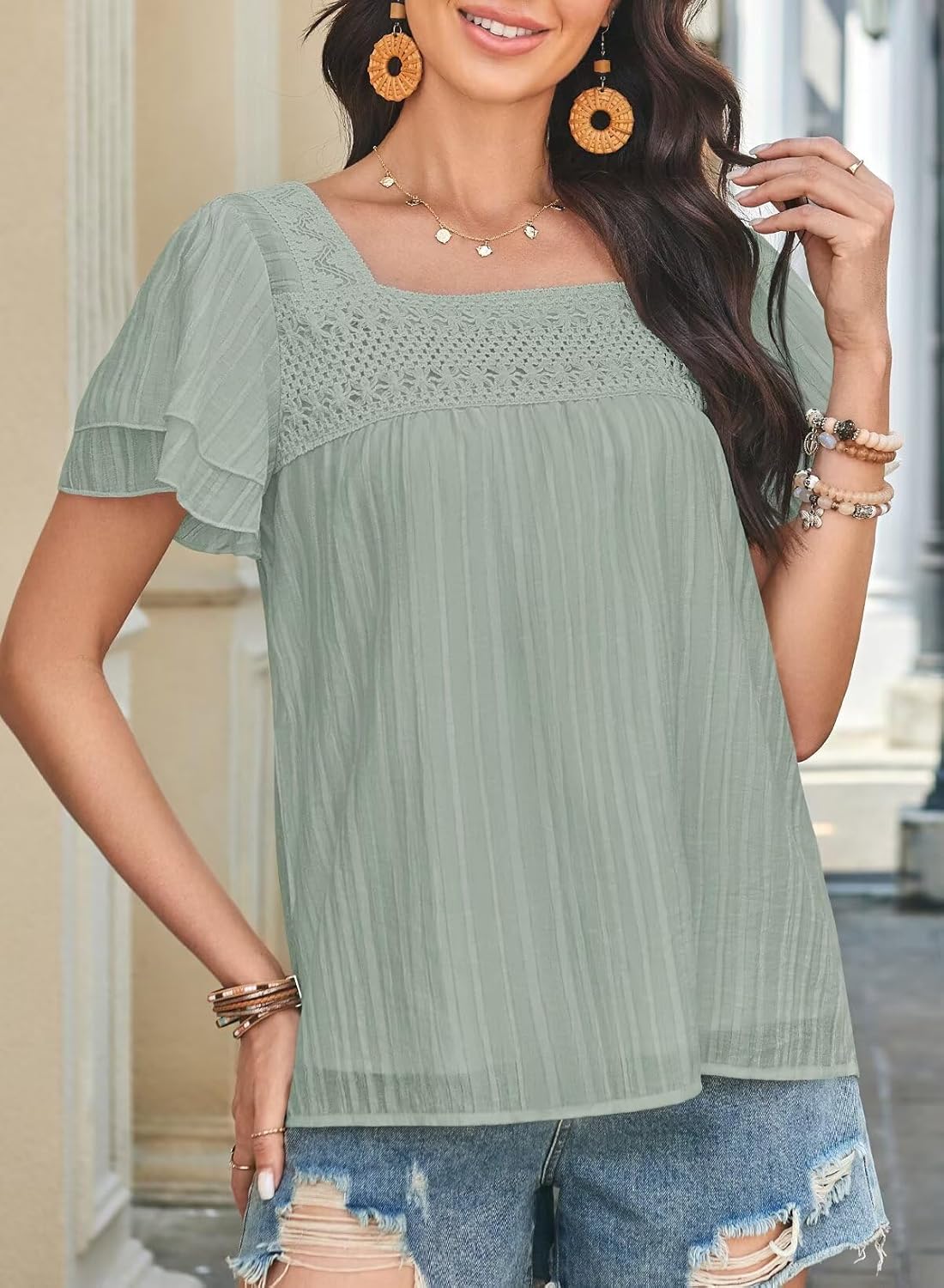 Womens Tops Summer Boho Blouses Short Sleeve Square Neck Crochet Lace Trim Casual Chiffon Shirts Double Layers - Image 5