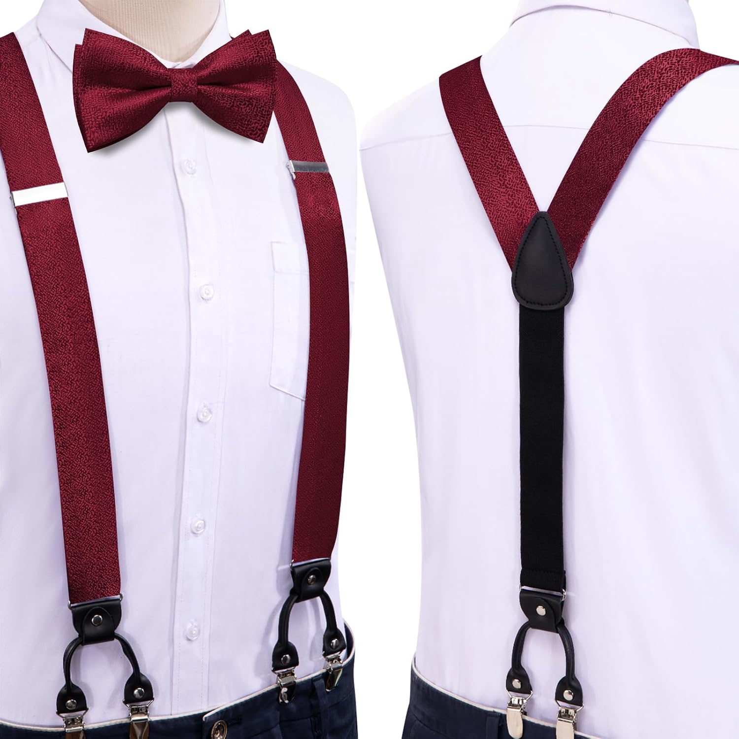 Dubulle Suspender and Bow Tie for Men Paisley Solid Mens Suit Braces Pretied Bowtie and Handkerchief Cufflinks Formal Wedding
