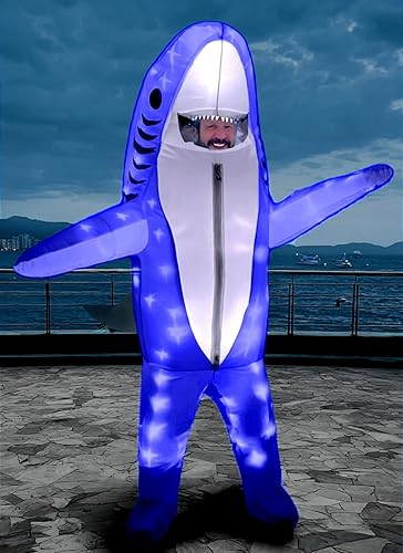 Miniatura 2 de Disfraz inflable de tiburón azul para adultos, disfraz divertido con luz LED, disfraz de Halloween, disfraz de fantasía para cosplay