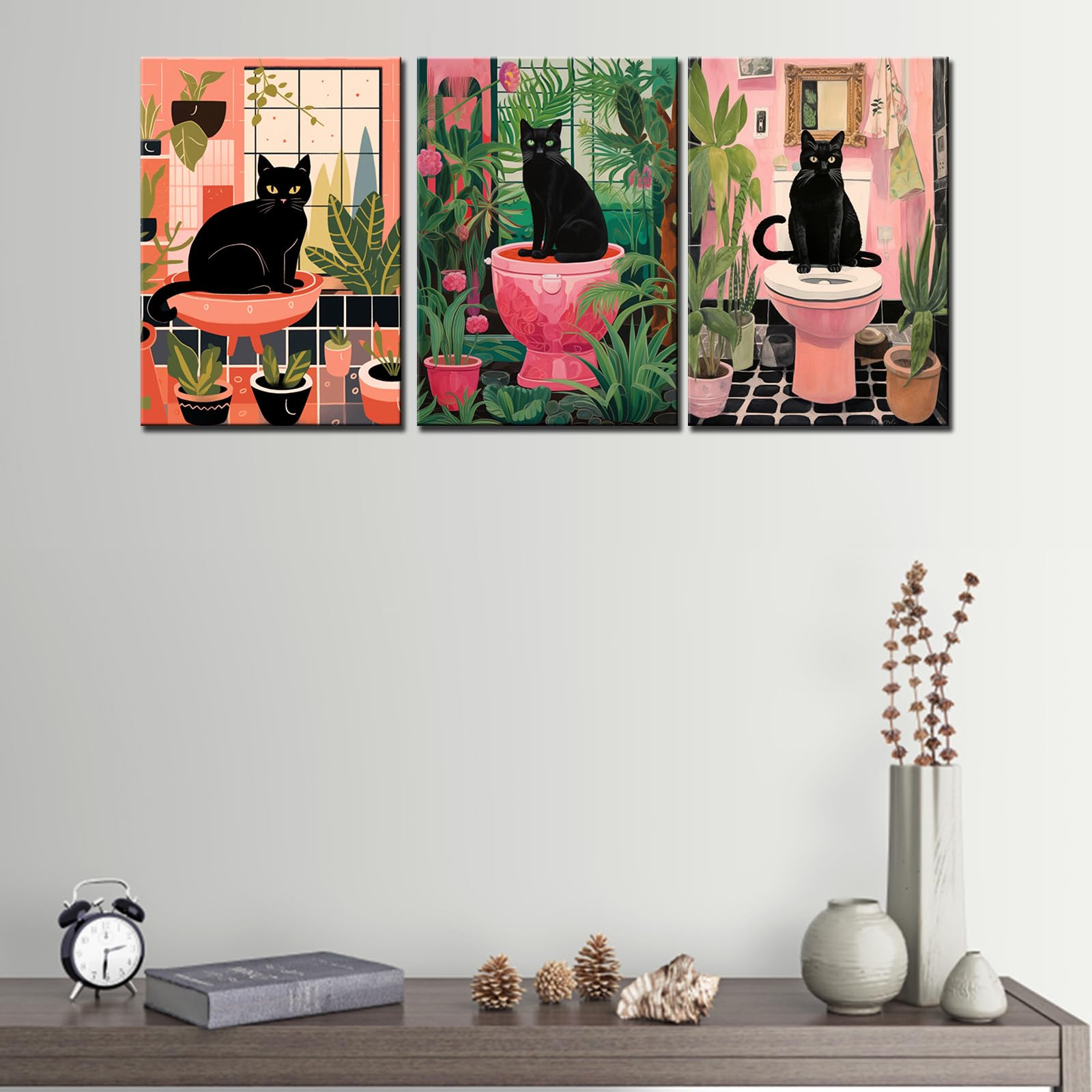 Pink Bathroom Animals Canvas Wall Art for Living Room Decor 3 Pieces Black Cat on the Toilet Wall Decor Artwork Lovely Bathroom Kitten Potted Plant Paintings Home Room Wall Pictures Framed 42''Wx20''H - Image 2
