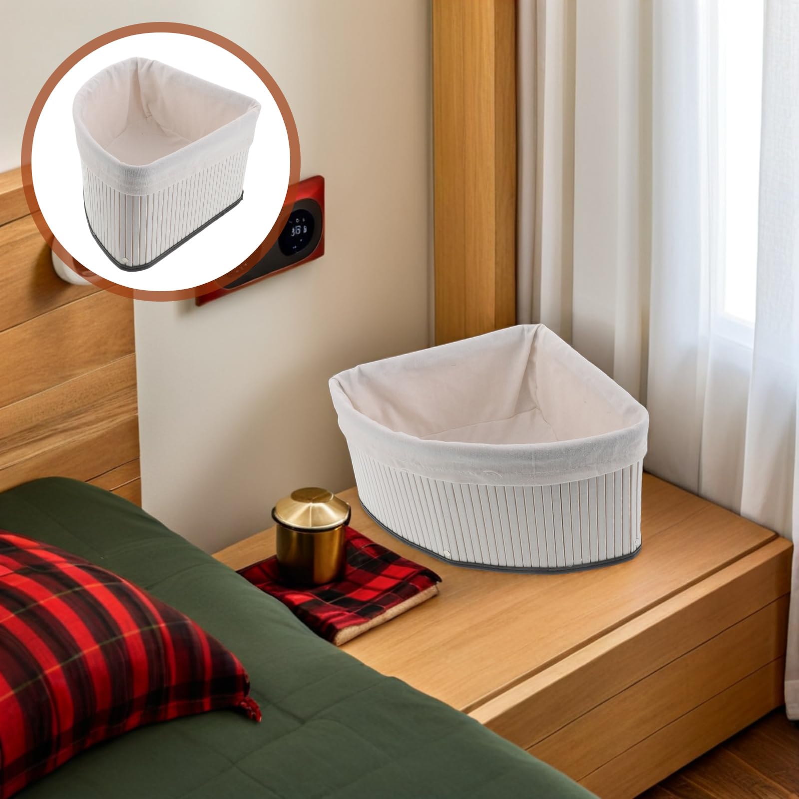SUPVOX Cestino Angolare Intrecciato in Bambù con Fodera Lavabile, Organizer per Mensole da Cucina e Bagno, Contenitore Portaoggetti Robusto per Spazi Compatti e Scaffali