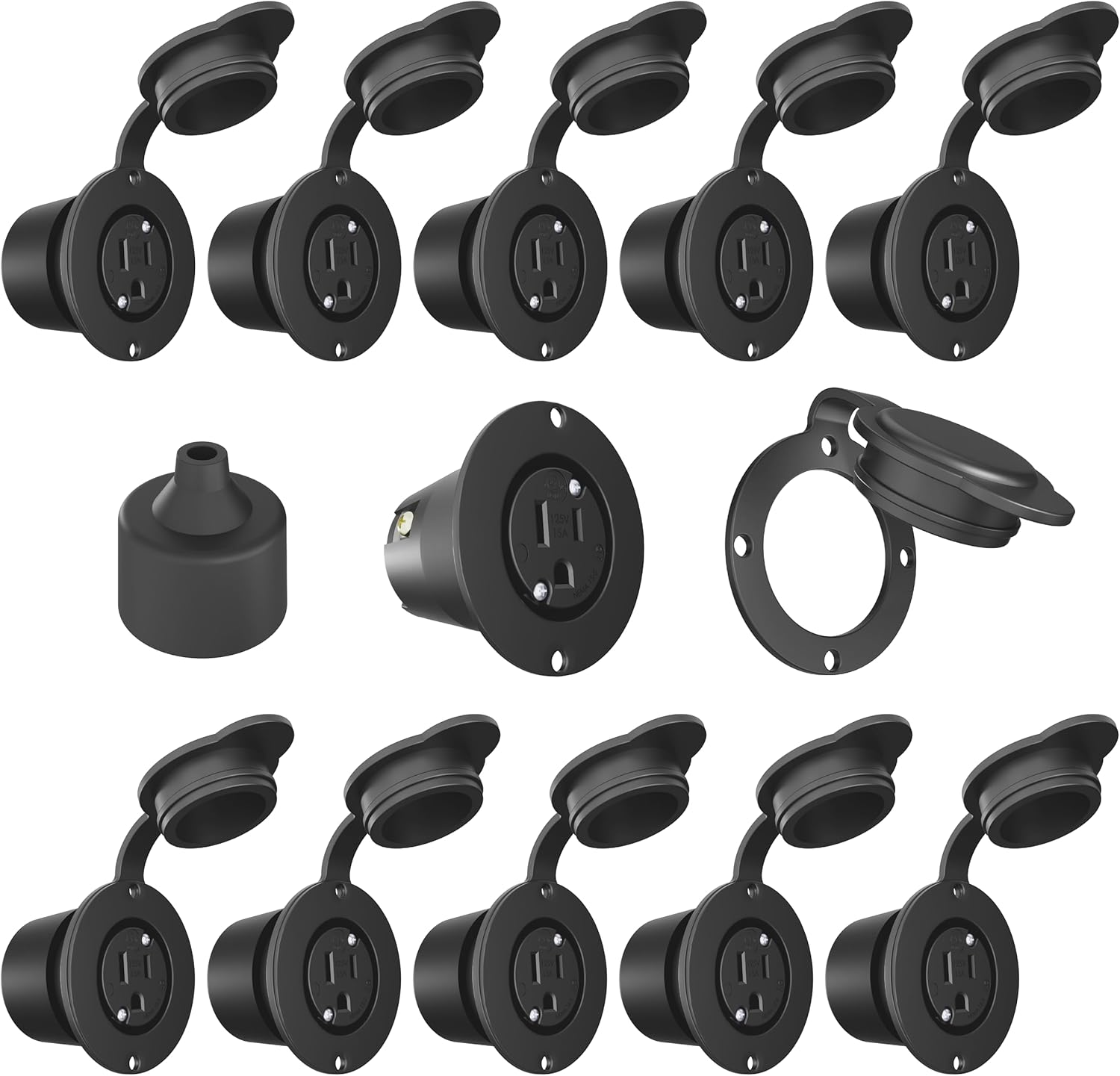 Journeyman-Pro 5279 15 Amp 120-125 Volt, NEMA 5-15 Flanged Outlet, Black Commercial Grade, 2 Pole-3 Wire, Straight Blade Plug Outdoor Receptacle, Surface Mount Outlet (Front & Back Covers, 10-Pack)