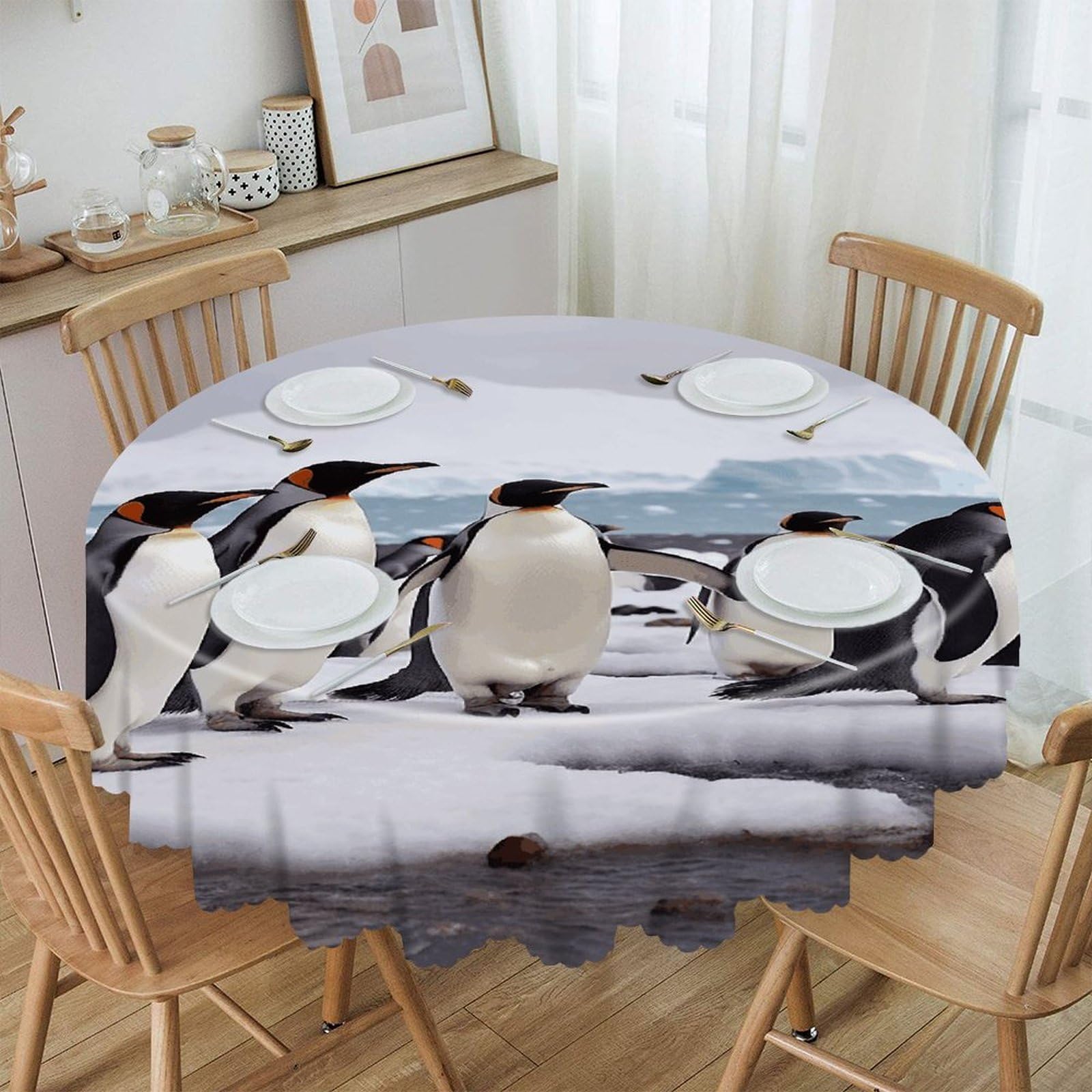 VstaDank Antarctica Penguins Round Tablecloth 60 Inch Easy to Clean Circle Table Cover Thick Decorative Round Polyester Table Cloth for Dining Kitchen Party Farmhouse Outdoor