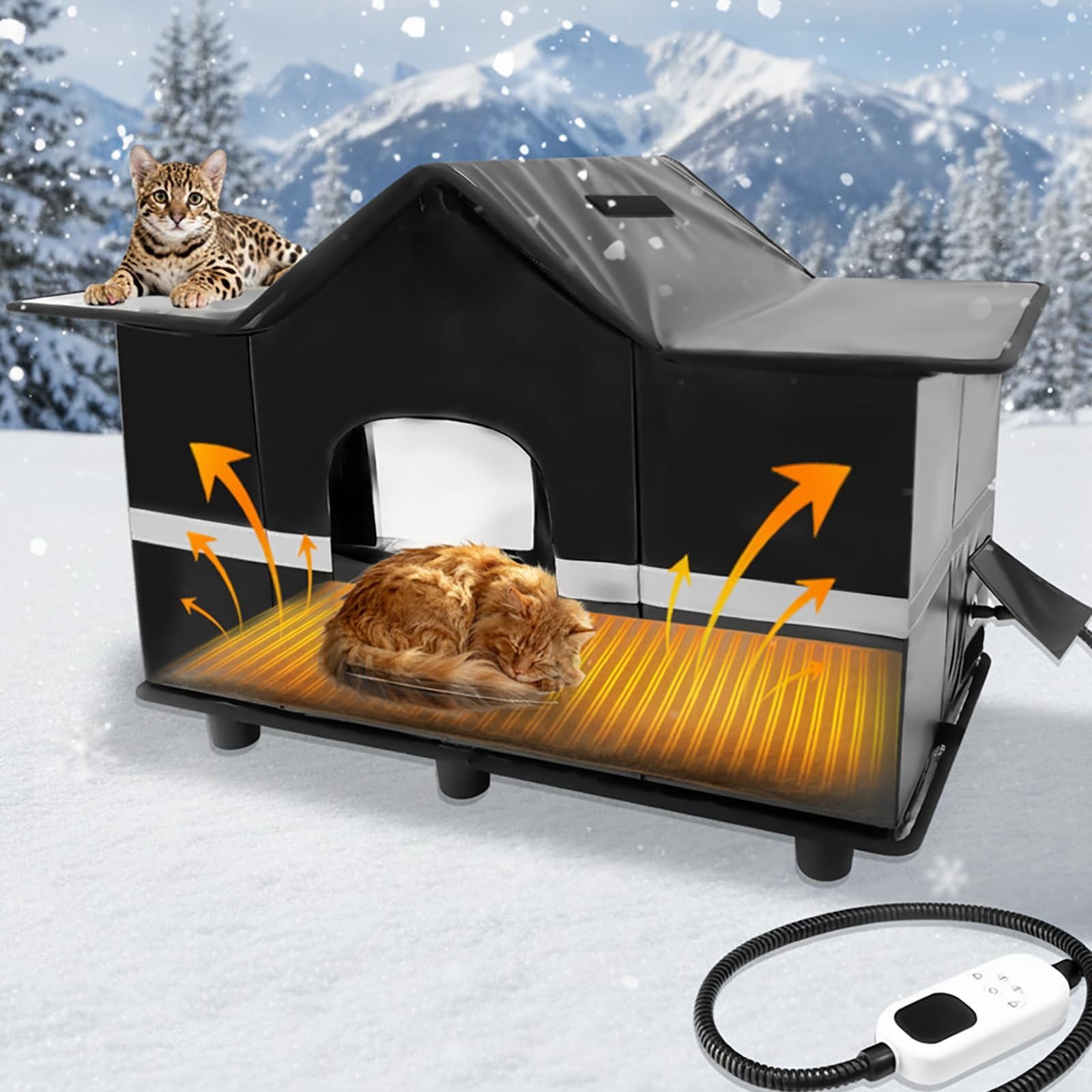 Homegroove Casetta per gatti riscaldata per esterni, per feste invernali, isolata per esterni, con cuscinetto riscaldante e lucernario, protezione per randagi e gatti selvatici (nero)