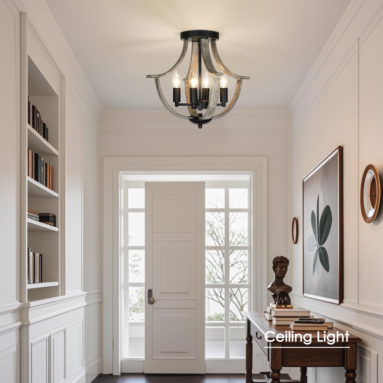Farmhouse Chandelier, Modern Hanging Pendant Lighting, 4-Light Rustic Flush Mount Ceiling Light Fixture,Faux Wood Vintage Chandelier for Dining Room Kitchen Island Foyer Hallway Entryway Bedroom