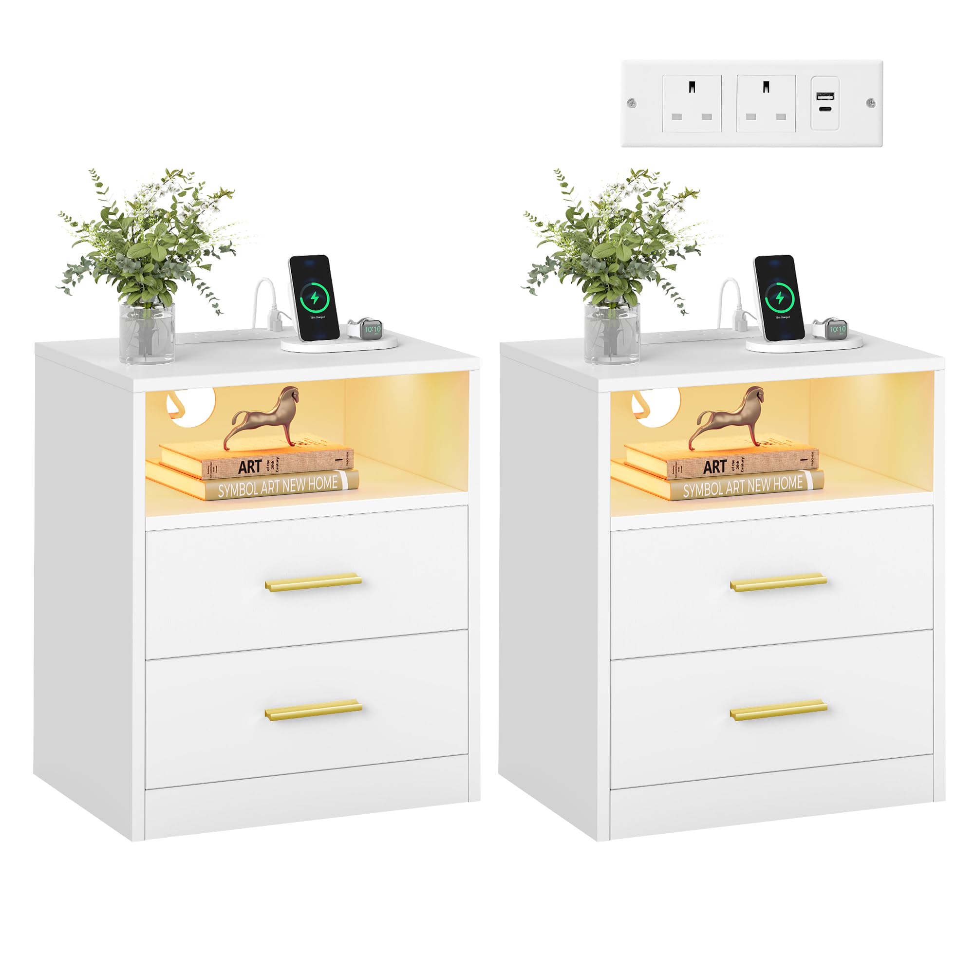 VASAGLE CUSTOS Collection - Set of 2 Bedside Tables with Charging Station, LED Lights, Modern Side End Tables with Drawers, Open Shelf, 2 AC Outlets USB Ports, Cloud White LET829WB02