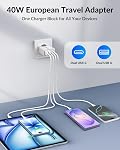 Adaptateur de prise de voyage européenne, 40W 4-Port USB C Bloc de chargeur mural de type C Adaptateur d'alimentation international rapide, US à l ' Europe EU, pour iPhone 17 16 15 14 13 12 Pro Max iPad Galaxy, Les essentiels de voyage