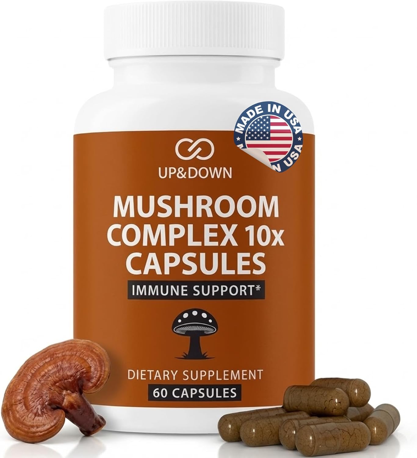 Up&Down Supplements Mushroom Complex 10X | Brain Focus Immune Support Energy & Clarity | Lions Mane Cordyceps Reishi Chaga Turkey Tail Blend | Made in USA | Vegan, Non-GMO, Gluten Free | 60 Capsules