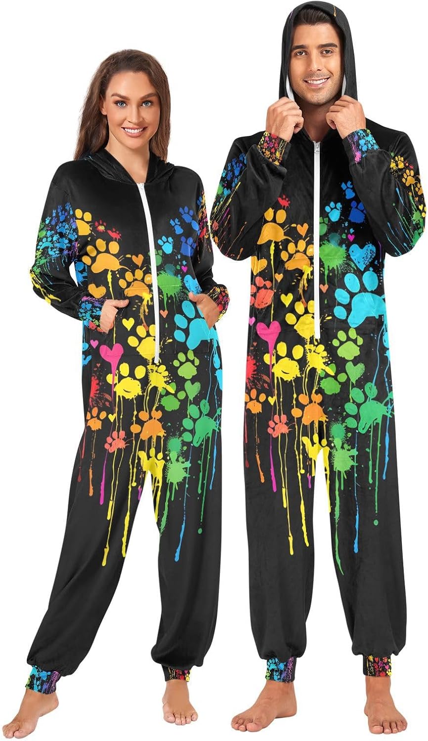 Rainbow Dog Print Love Heart Adult Onesie Pajamas for Unisex Novelty One Piece Costume Sleepwear