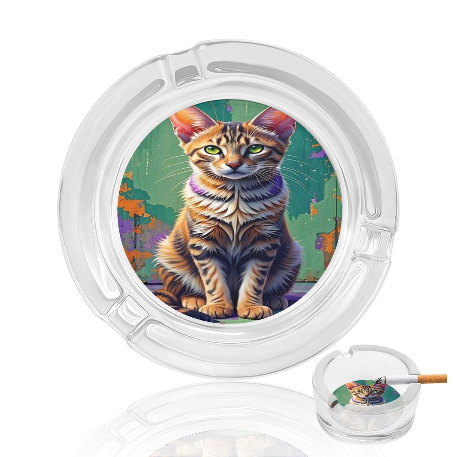 Cendrier en verre imprimé chat aux yeux verts cadeau idéal pour fumeur