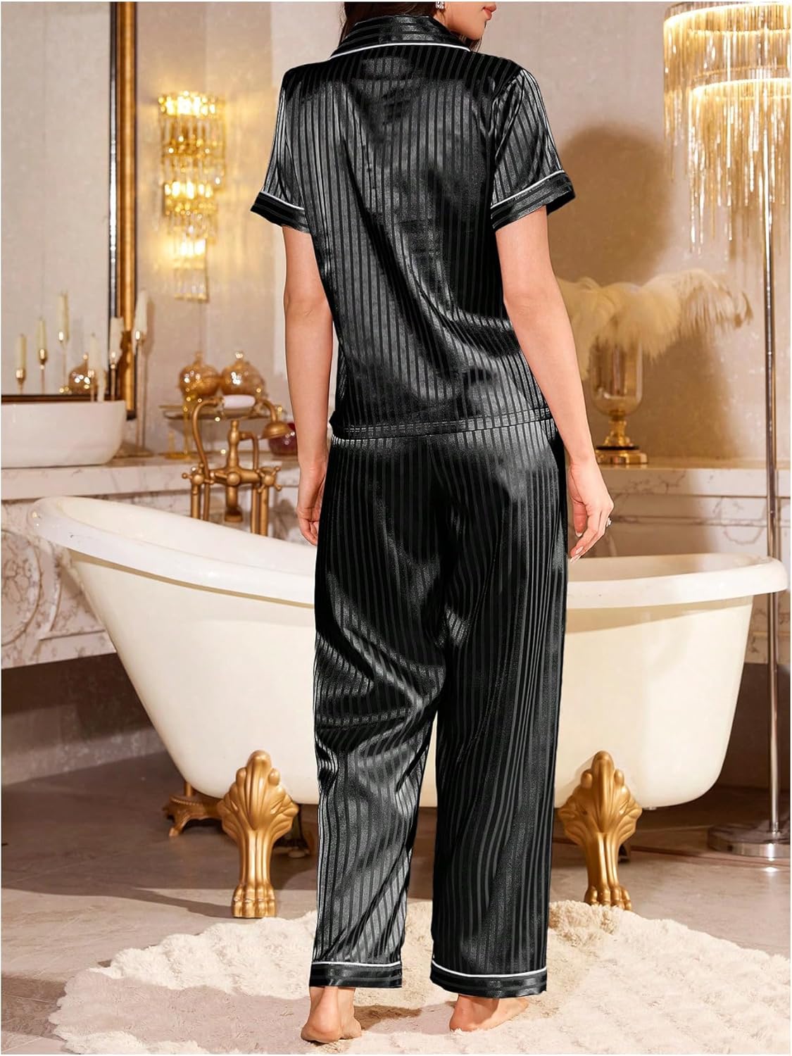 Verdusa Women's Striped Silk Pajamas Set Button Down Short Sleeve Tops Long Pants Sleepwear - Image 2