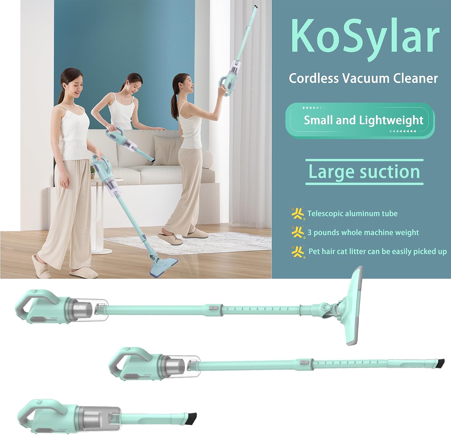 cordless vacuum cleaner, handheld stick small lightweight rechargeable extendable electric broom for floor car carpet dog cat pet hair litter home cleaning, weight-3ib with charger
