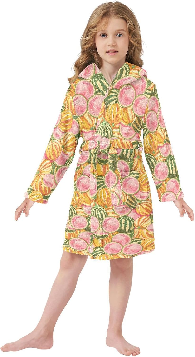 senya Melons Pink and Yellow Toddler Hooded Bathrobe Kids Soft Plush Bath Towel Robes for Boys Girls 2-12 Years