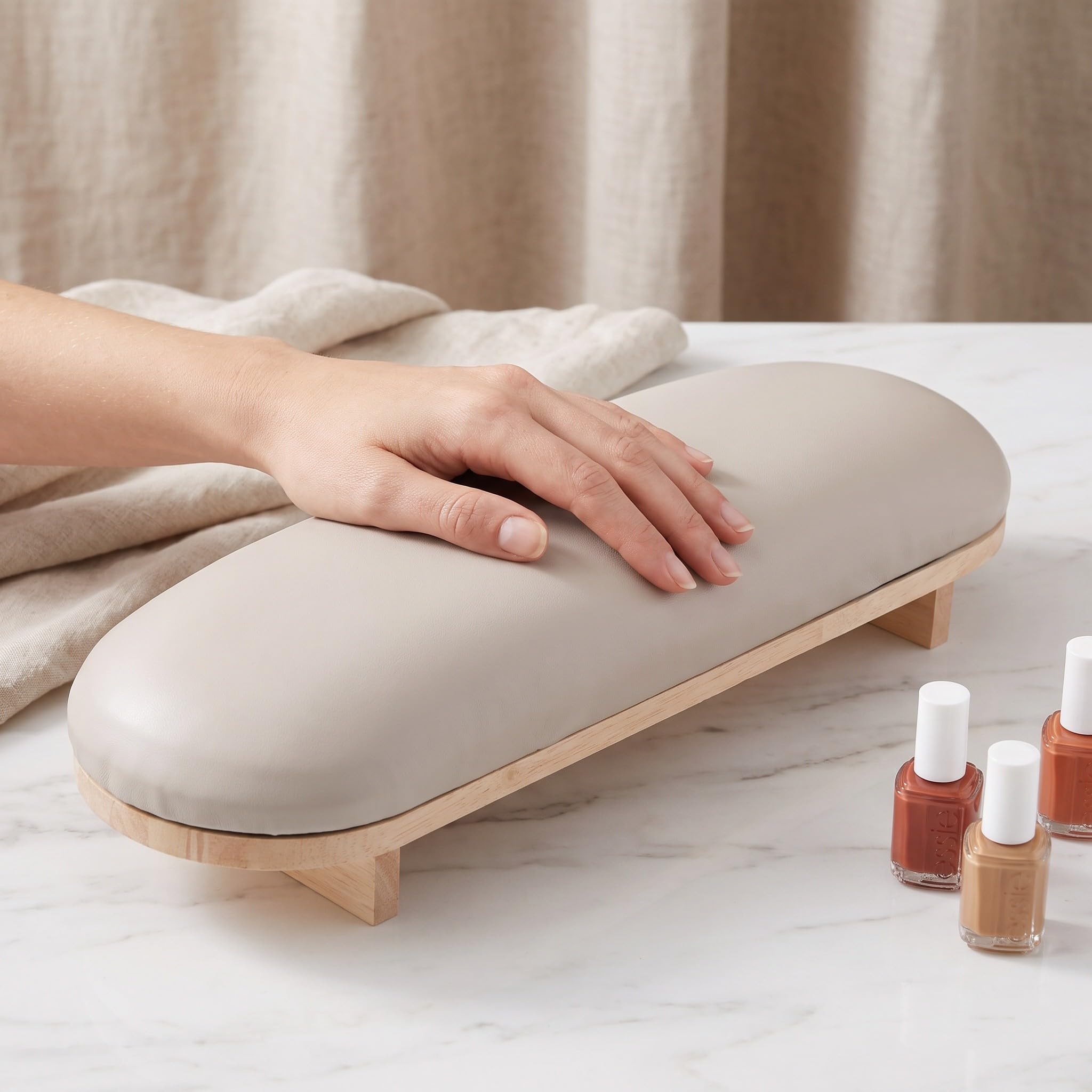 Lurrose 2-częściowa podkładka pod dłonie do manicure – skóra poliuretanowa z podstawą z litego drewna, łatwa do czyszczenia, podpórka pod nadgarstki dla techników paznokci, idealna do salonu