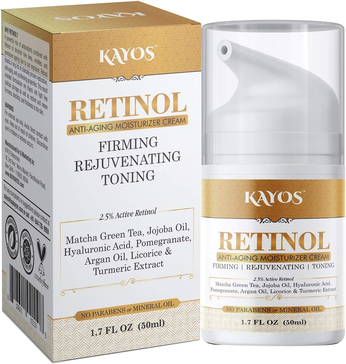 Kayos Retinol Anti Aging Moisturizer Face & Eye Cream with Hyaluronic Acid for Wrinkles, Fine Lines & Dark Circles โ Paraben & Mineral Oil Free โ 50mL