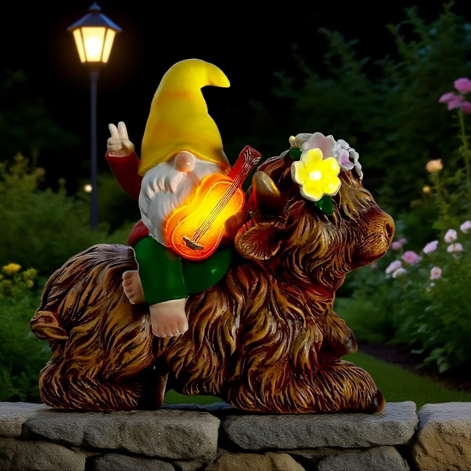 HARUHI Solar Garden Statue LED Outdoor Garden Decor Funny Animal Sculpture for Yard Patio Lawn Weatherproof Resin Birthday Art Gift（Gnome with Violin）