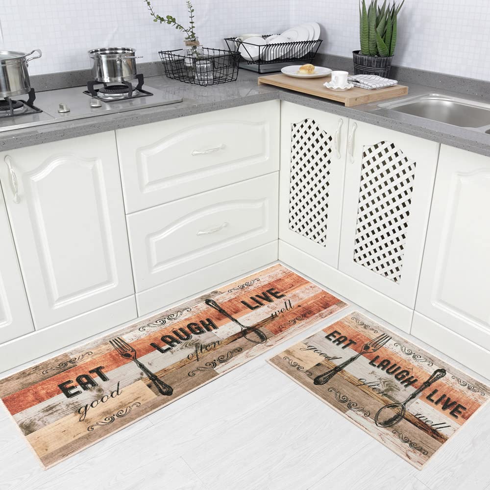 Carvapet 2‑Piece Kitchen Mat Set 17"x48" & 17"x24" – Brown Orange Farmhouse Pattern Non‑Slip Washable Floor Mats for Kitchen Laundry Entryway